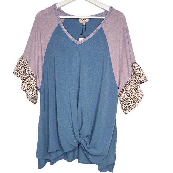 Gigio Tops - GiGio Leopard Print Mixed Knit Top Front Twist Detail Size 1XL